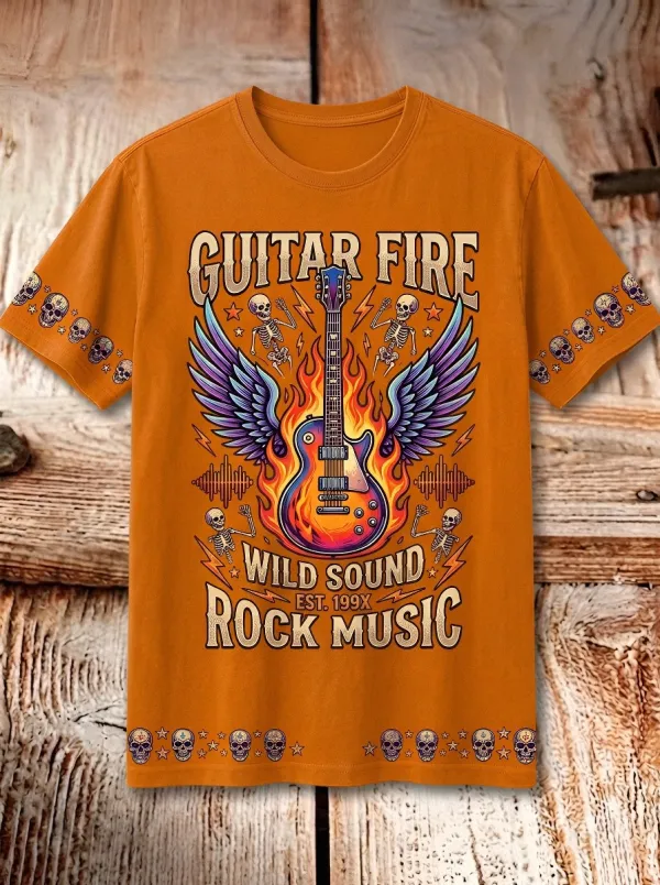 Unisex Rock Music Lover Flaming Guitar Skeleton Printed T-shirt