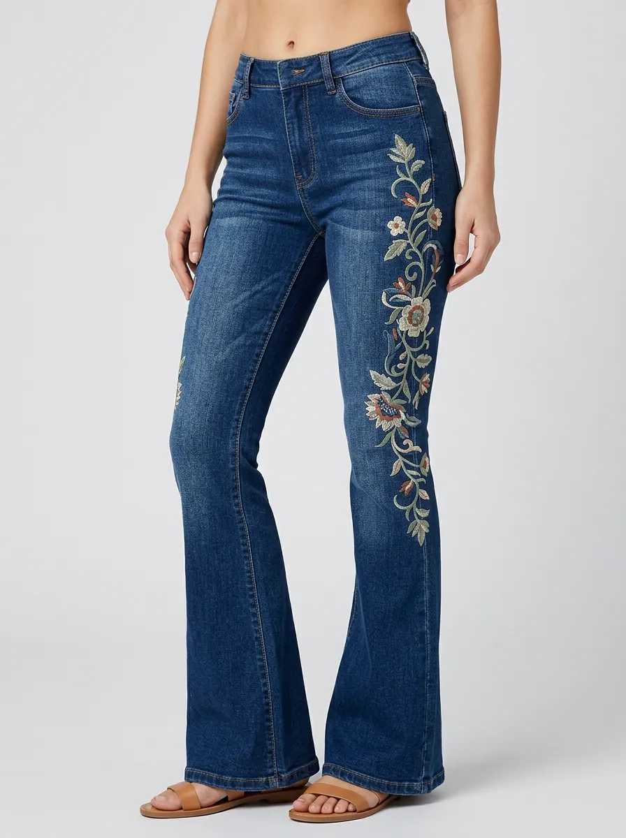 Women's Dark Wash Embroidered Flare Jeans