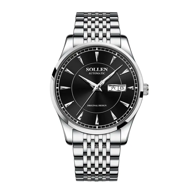 Sollen 9031 Automatic Watch - Men's Sunray Dial Luminous Markers 9-Bead Stainless Steel Bracelet Wristwatch