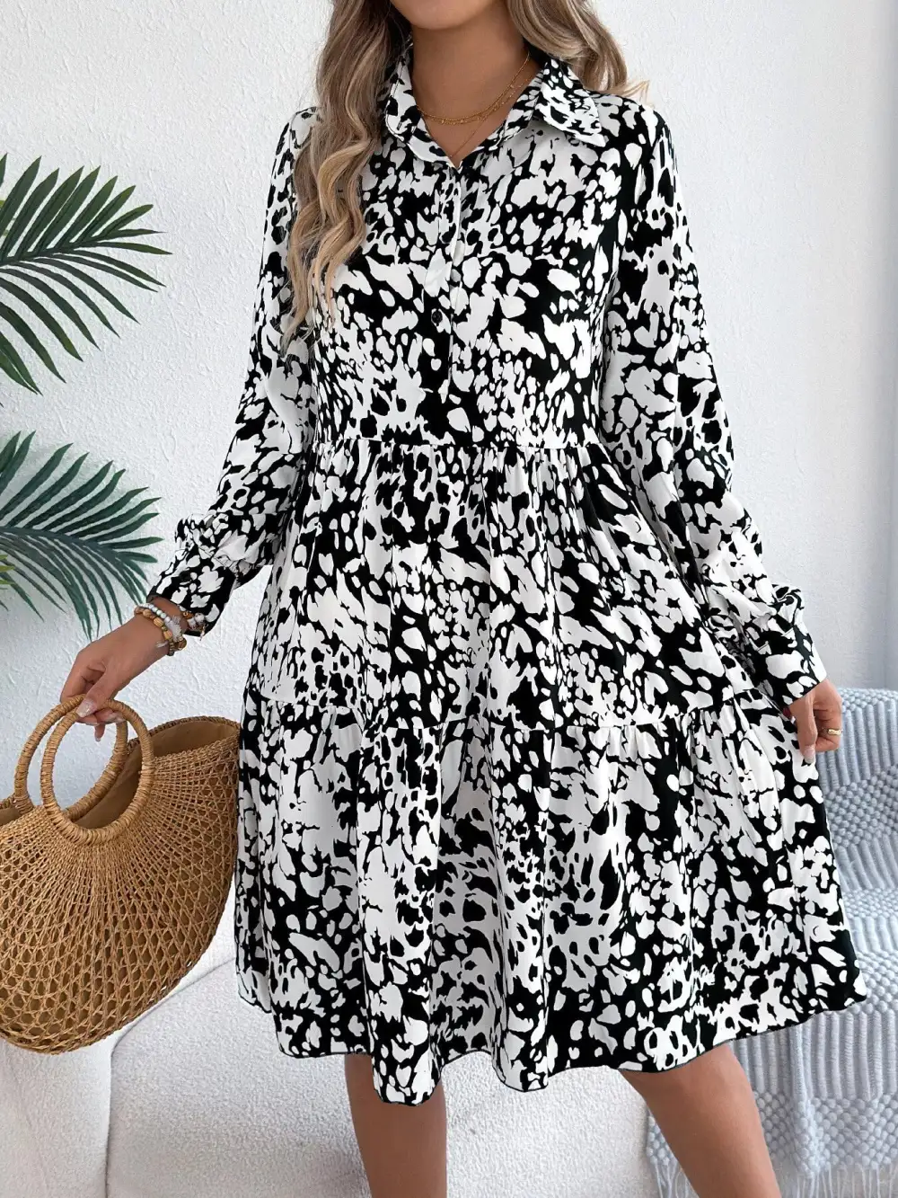 Printed Long Sleeve Collared Dress Casual