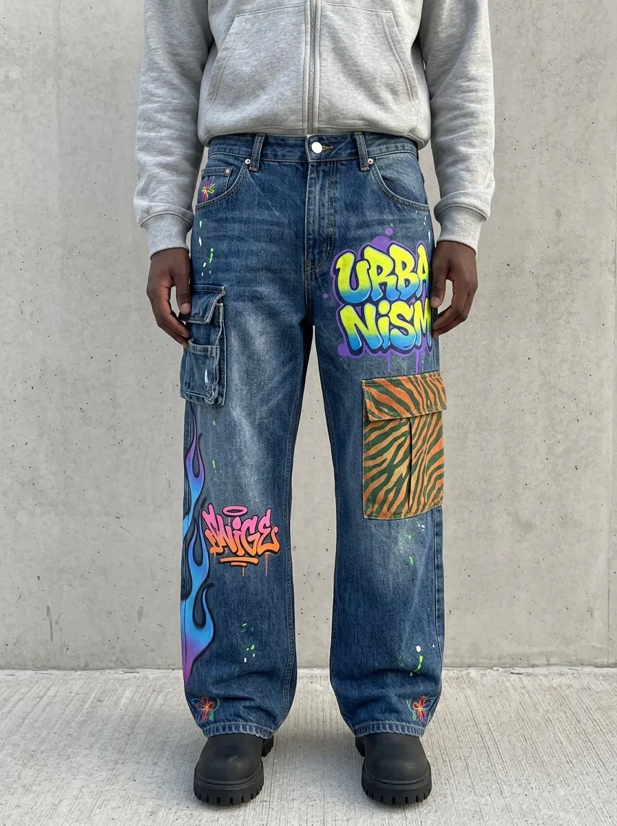Men's Urban Graffiti Flame Graphic Cargo Jeans