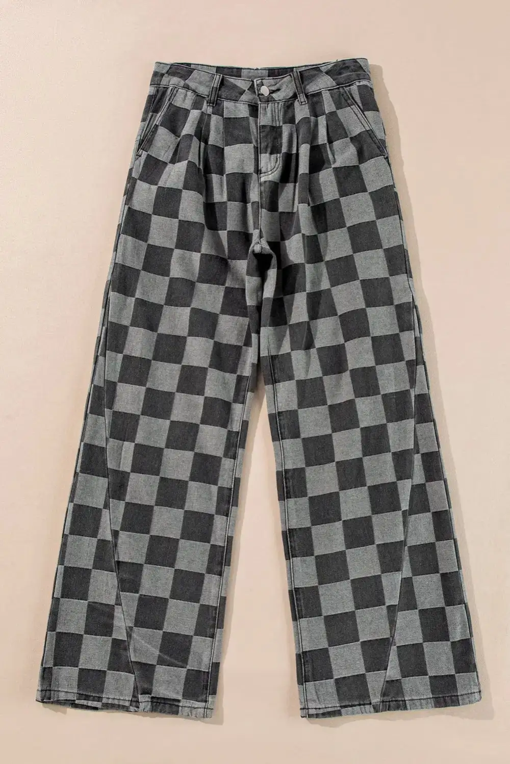 Plaid Relaxed Fit Wide Leg Pocketed Casual Jeans