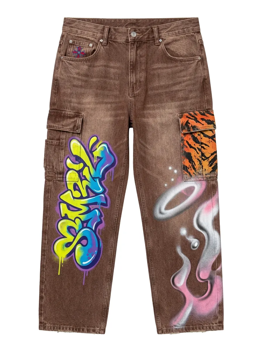 Men's Streetwear Graffiti Tiger Print Graphic Fusion Cargo Jeans