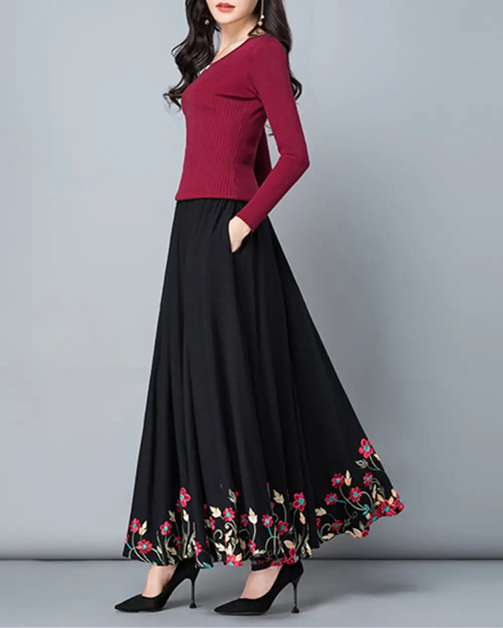 Embroidered Cotton A Line Maxi Skirt