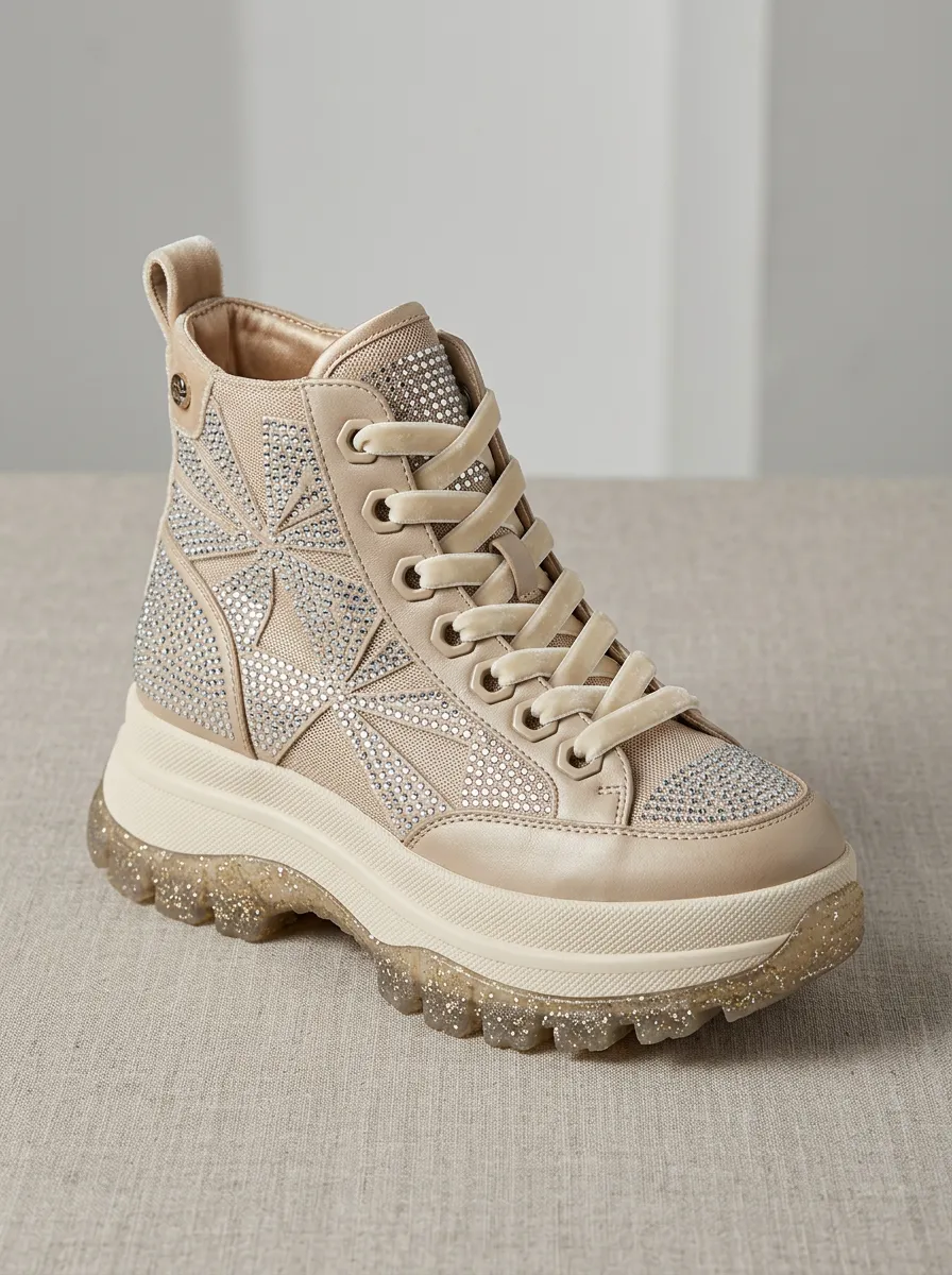 Lace-Detail Lace-Up High-Top Geometric Women's Rhinestone Platform Shoes