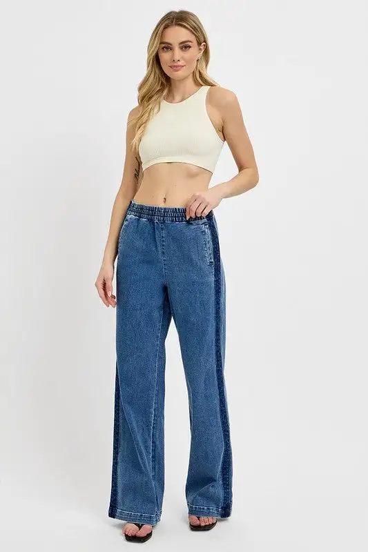 Elastic Waist Wide Leg Plus Denim Jeans