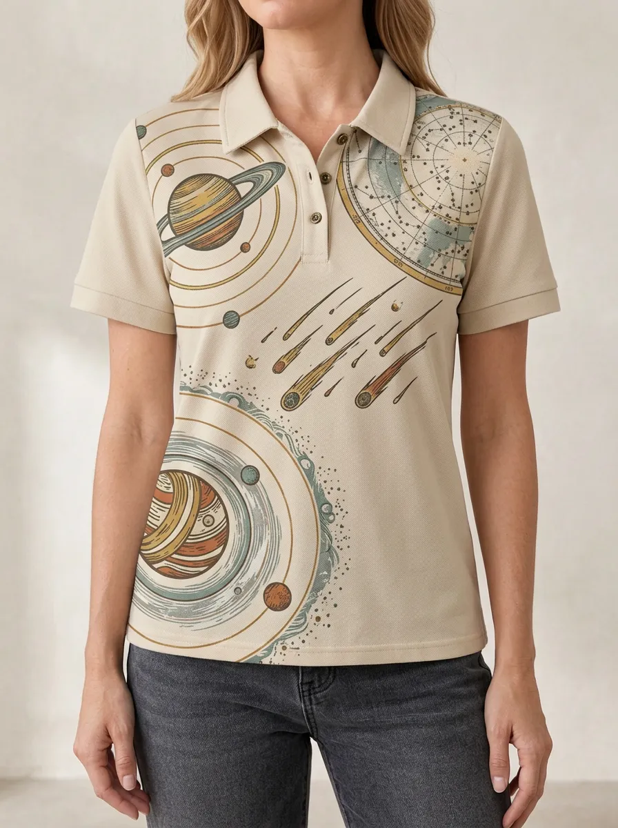 Women's Astronomy Lover Solar System Comet Printed polo shirt