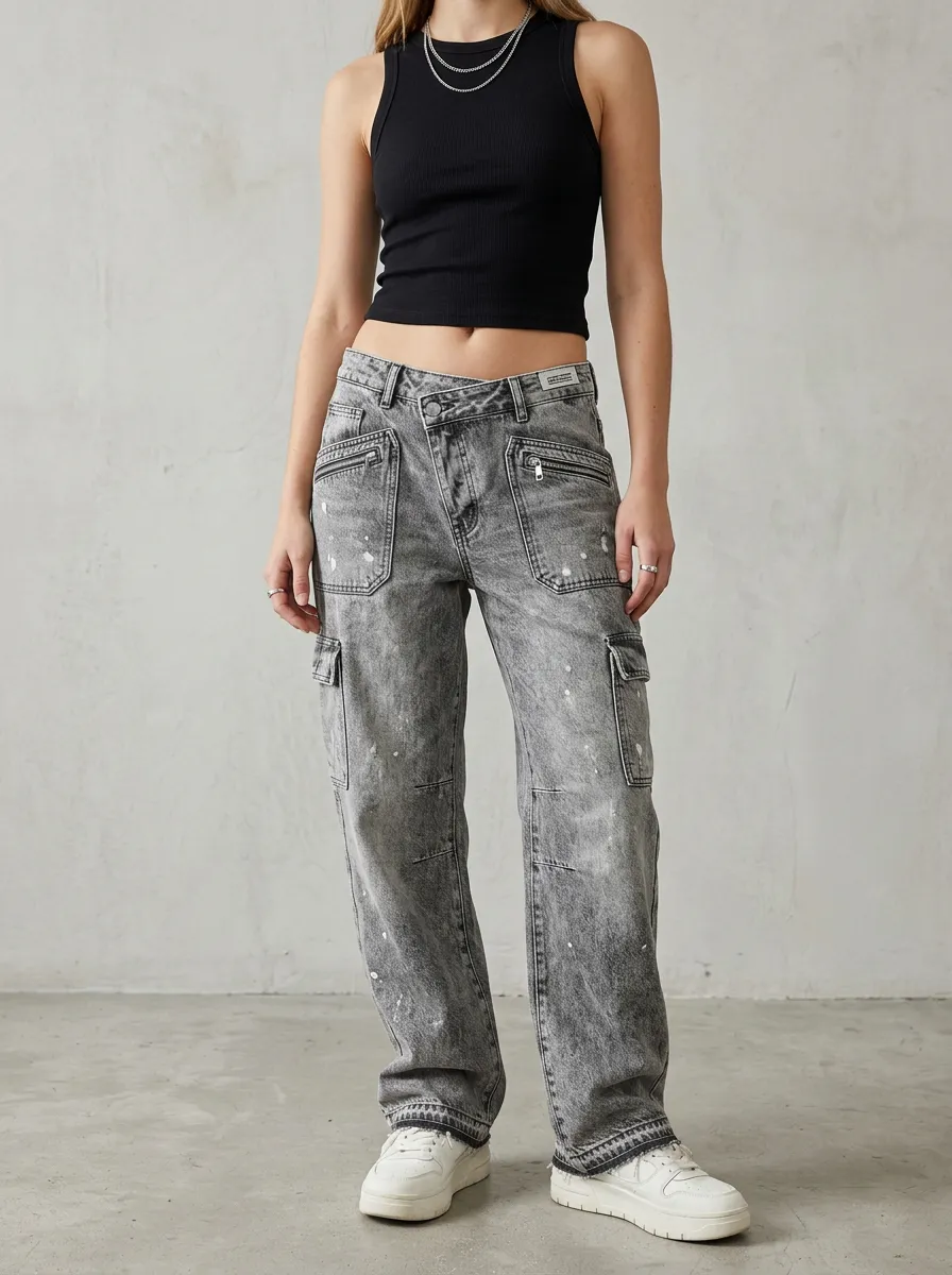 Women's Y2K Streetwear Acid Wash Paint Splatter Cargo Jeans