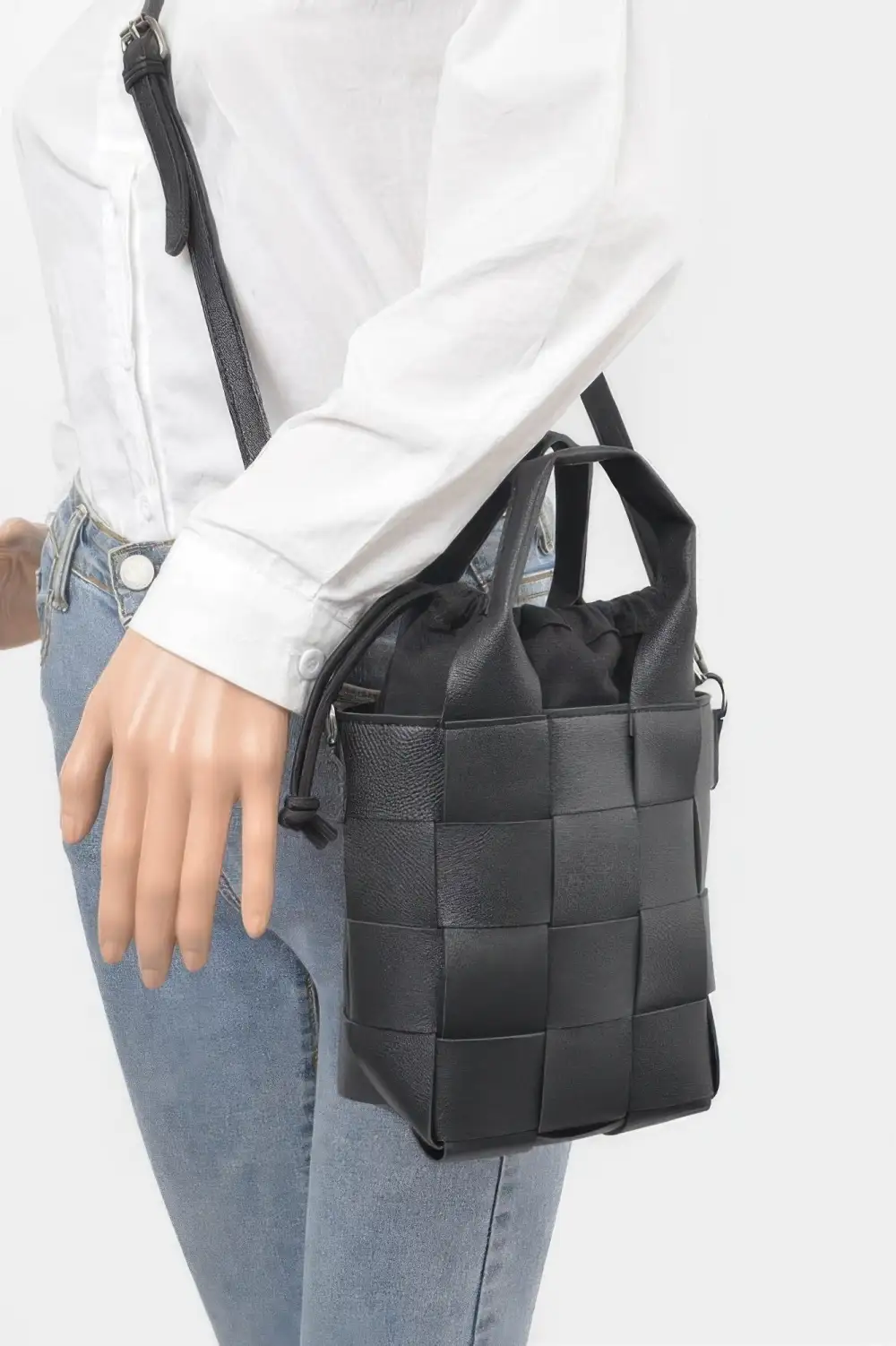 Faux Leather Braided Handle Bag with canvas Pouch