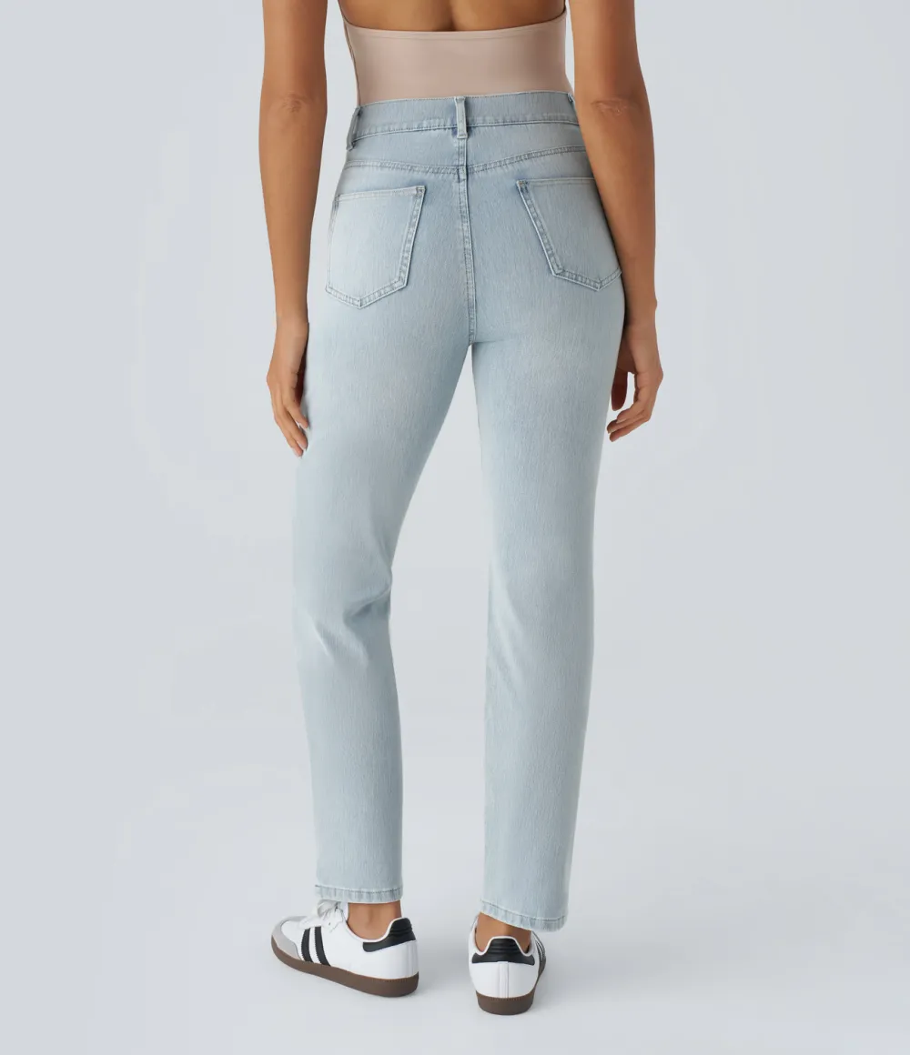 Magic High Waisted Multiple Pockets Straight Leg Washed Stretchy Knit Casual Jeans