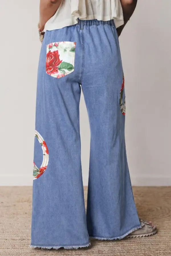 Women's Floral Peace Sign Embroidered Patch Wide Leg Jeans