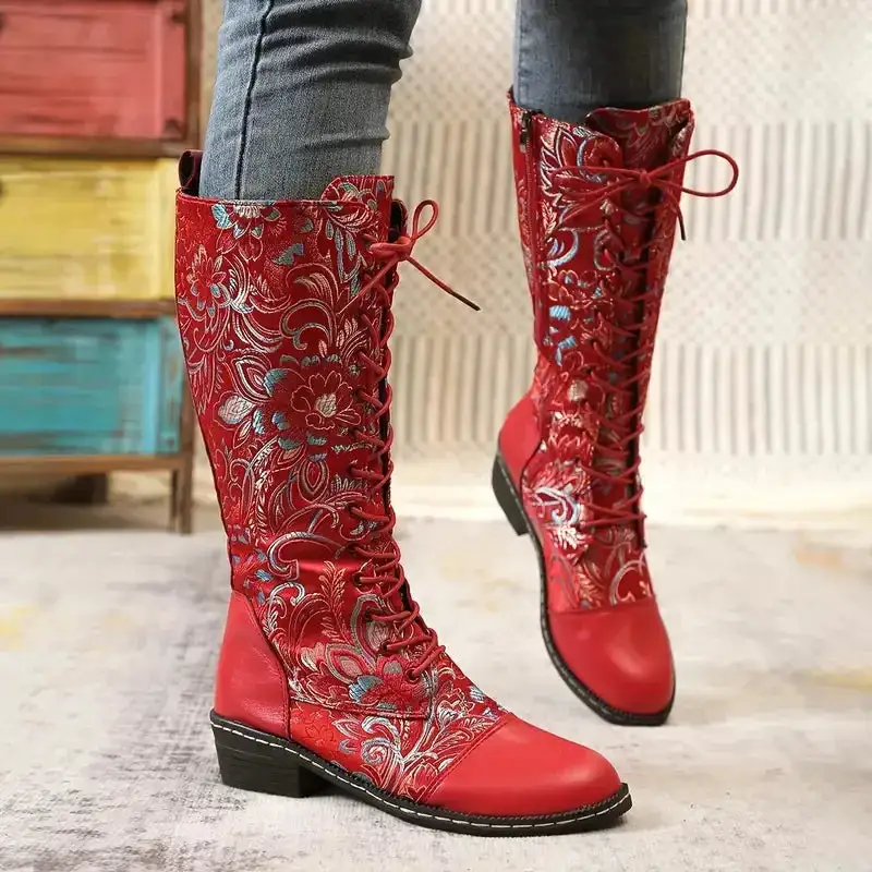 Embroidered Lace Up Knee High Boots