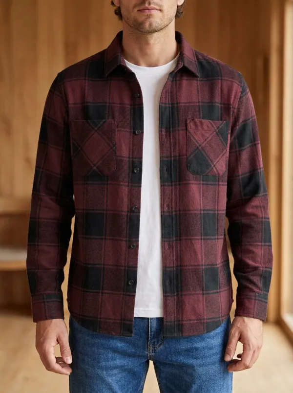 Forest Patch Pocket Button Cuff Plaid Shirt