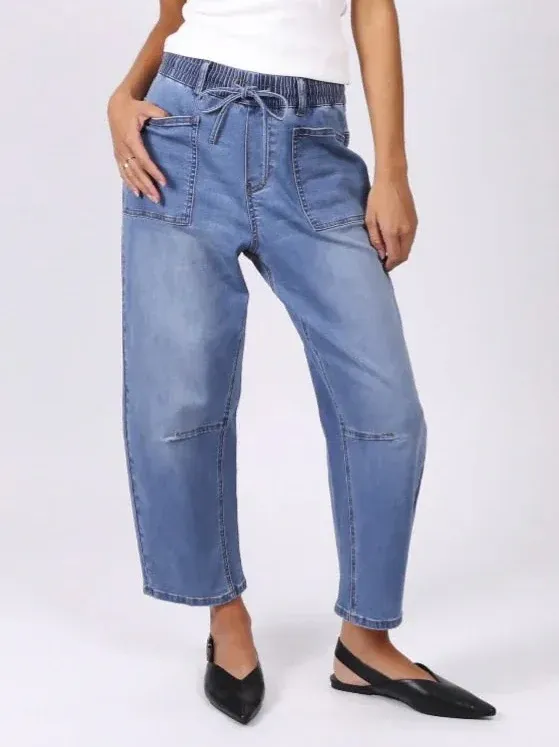 Women's Barrel-Leg Denim Drawstring Jeans
