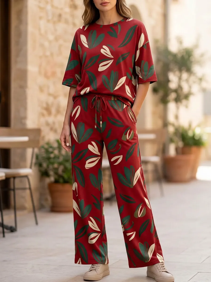 Women's Botanical Leaf Print Drop-Shoulder T-Shirt And Drawstring Wide-Leg Trouser Lounge Set