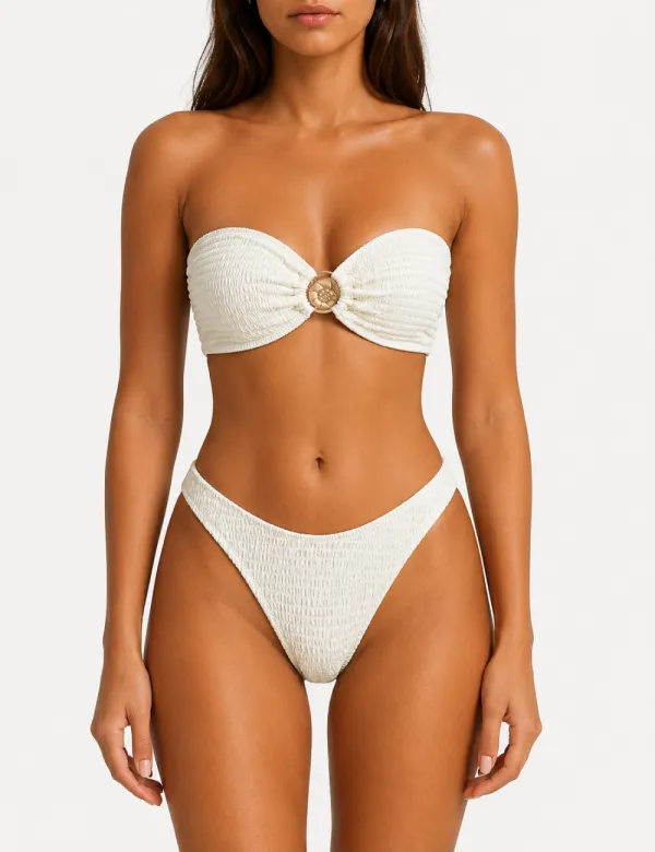 Solid Color Smocked Seashell Bandeau Bikini Set
