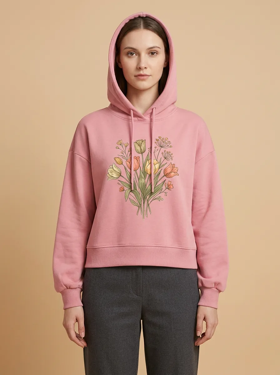 Women's Hooded Drawstring Graphic Floral Rib-Trim Dropped-Shoulder Hoodie