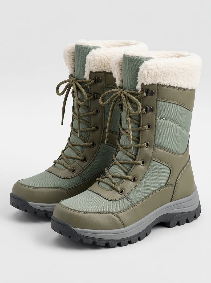 Warm Lined Olive Green Lace Up Faux Fur Lined Casual Snow Boots