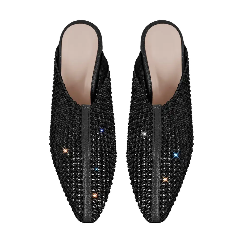 Rhinestone Pointed Toe Chunky Heel Heeled Mules