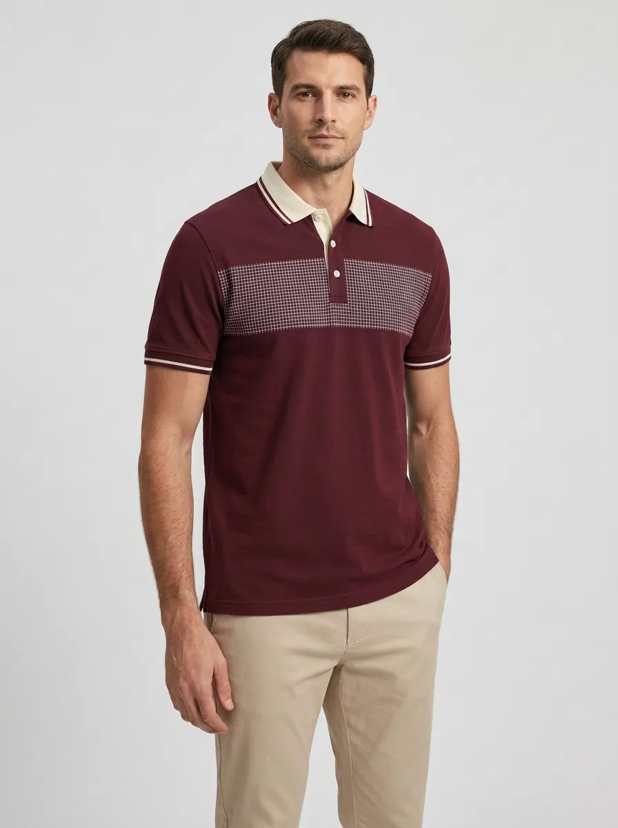 Men's Casual Grid Pattern Contrast Collar Printed Polo Shirt
