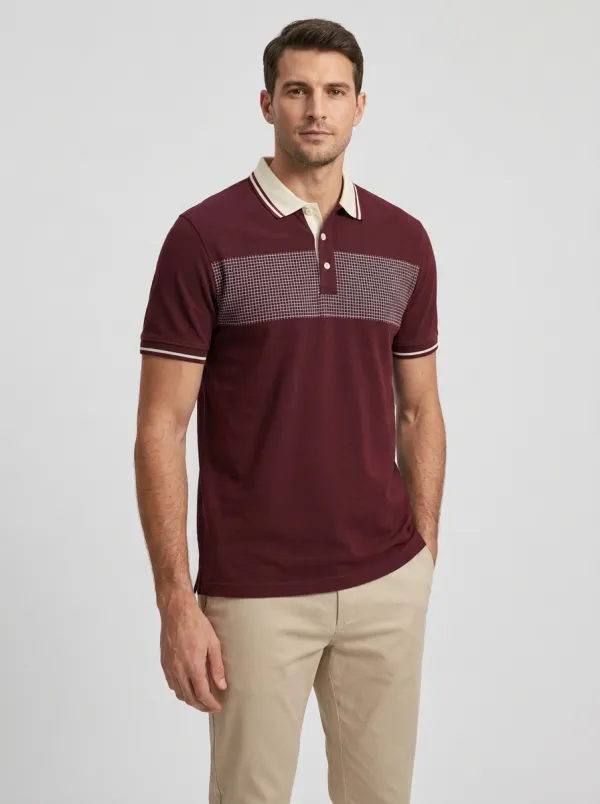Men's Casual Grid Pattern Contrast Collar Printed Polo Shirt