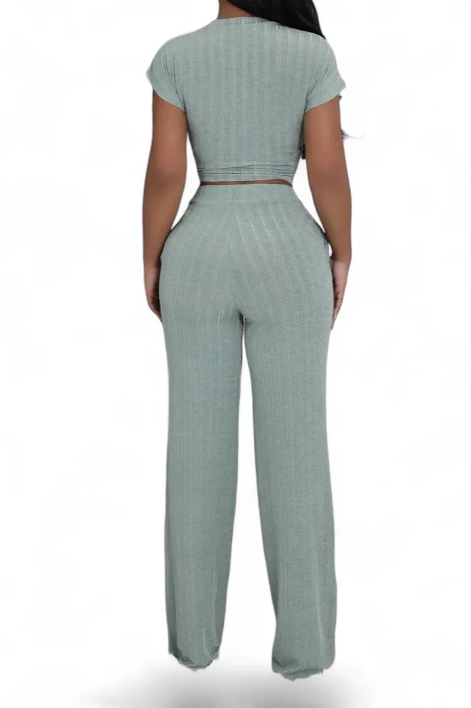 Women's Wide Leg Cropped Belted Two Piece Set