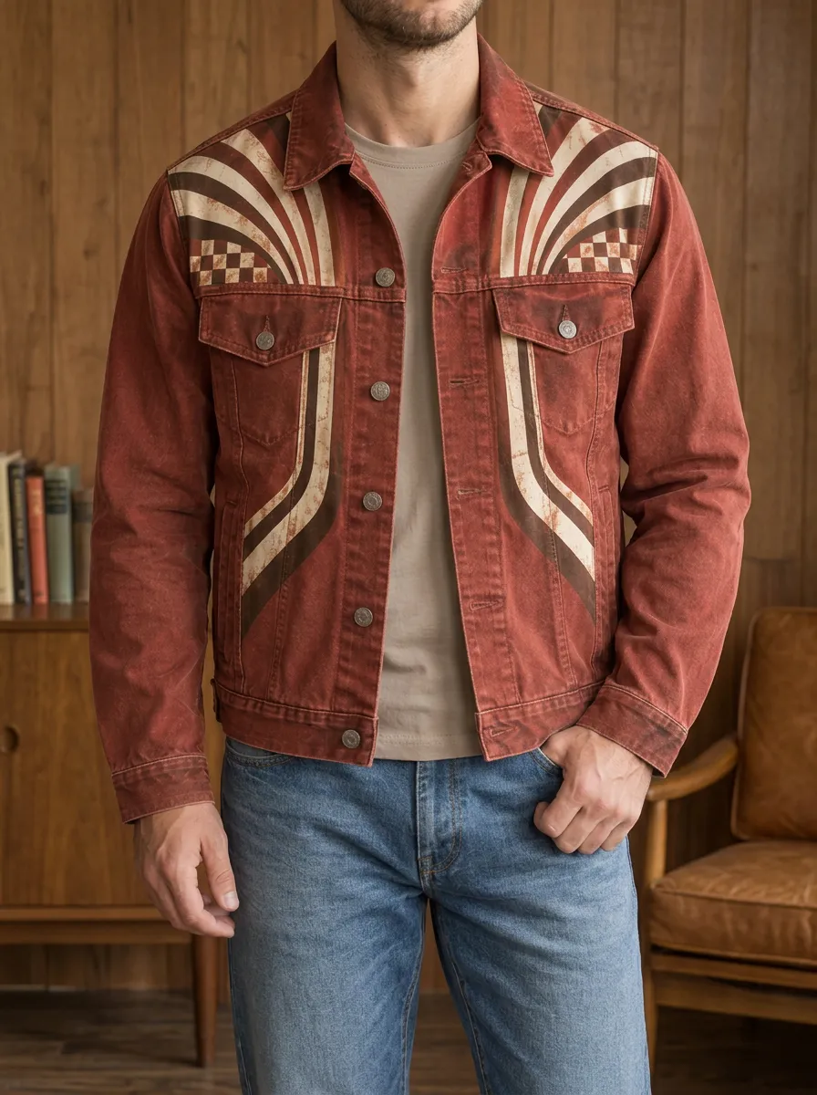 Men's Vintage Retro Style Checkerboard Sunburst Printed Jacket