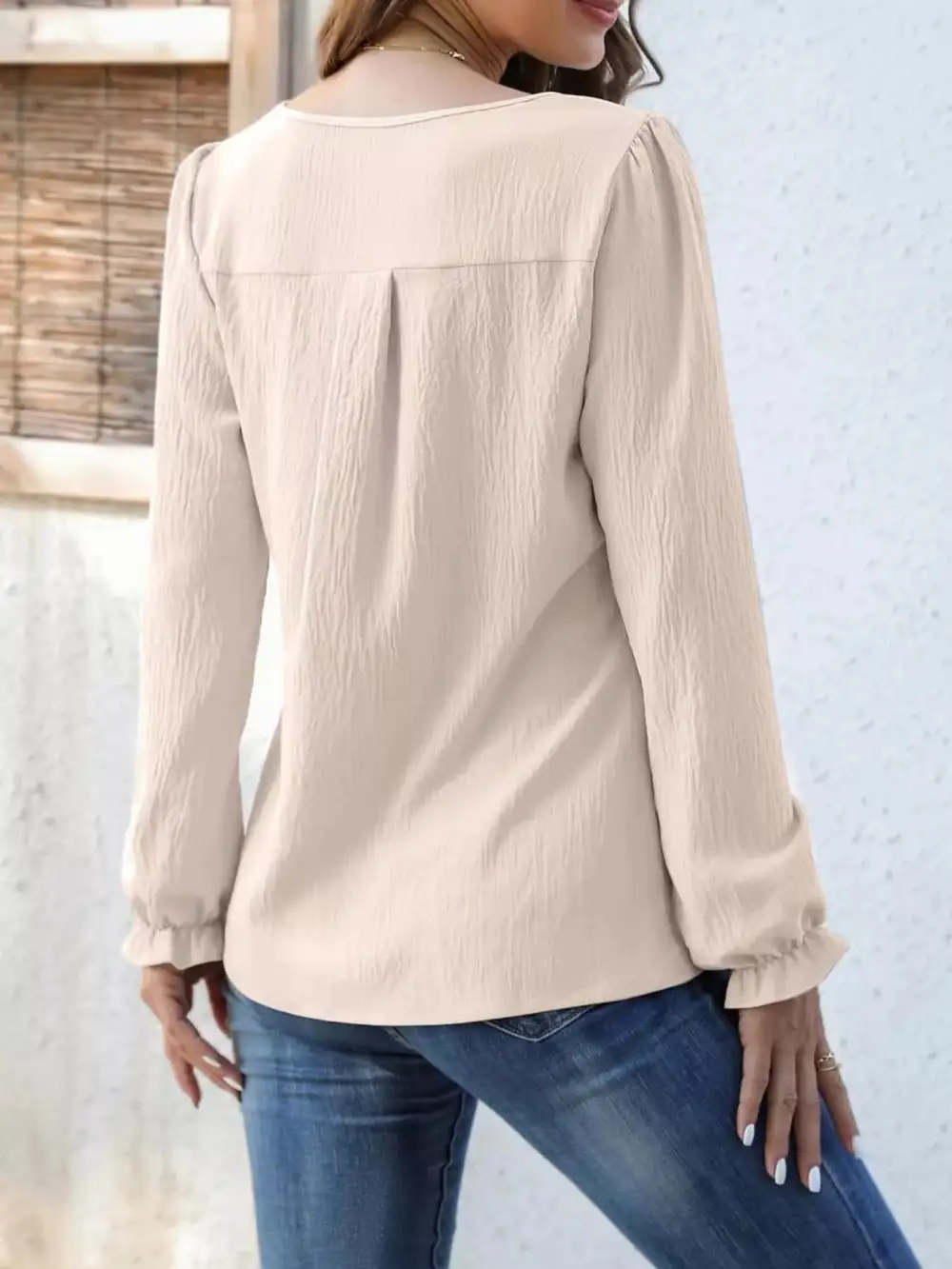 Notched-Neck Ruffle-Cuff Blouse