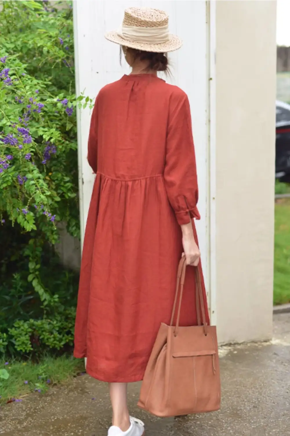 Relaxed Linen Long Sleeve Midi Dress