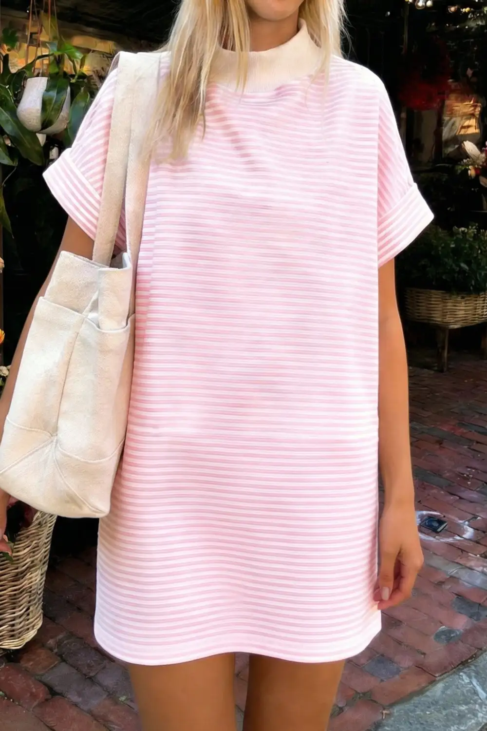 Striped Mock Neck Short Sleeve Dress Casual