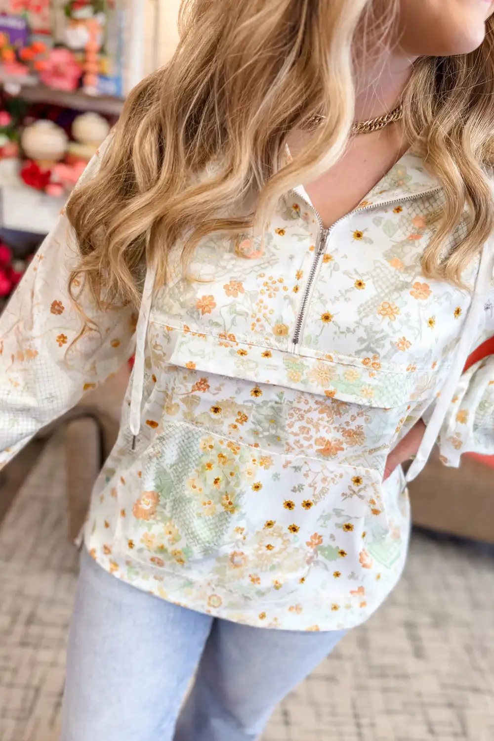 Women's Floral Print Long Sleeve Zip Detail Top