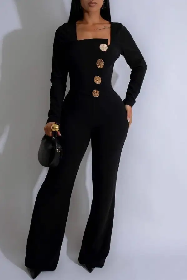 Button-Front Collared Square Neck Jumpsuit