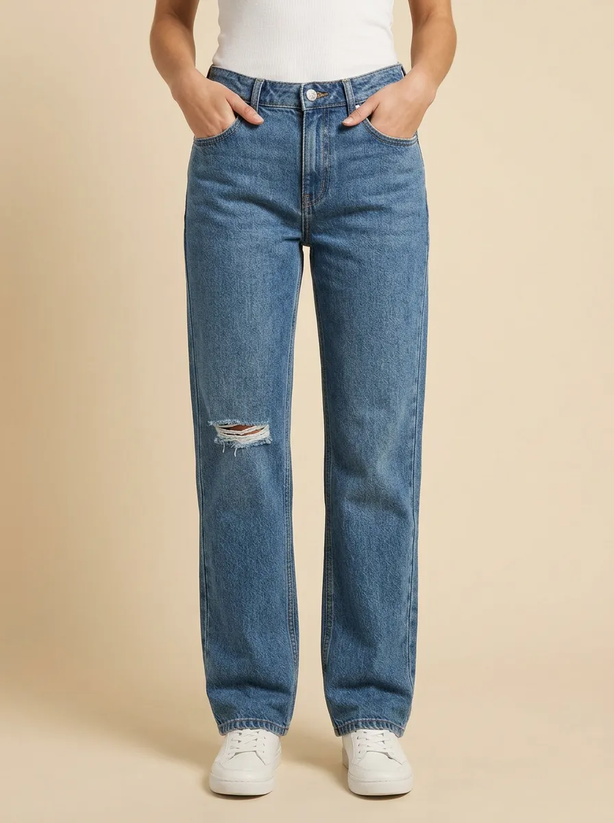 Women's Faded Right-Knee Rip Mid-Rise Straight-Leg Jeans