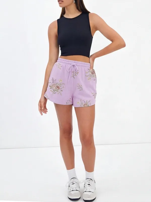 Women's Floral Botanical Aesthetic Grey Printed Sweat Shorts