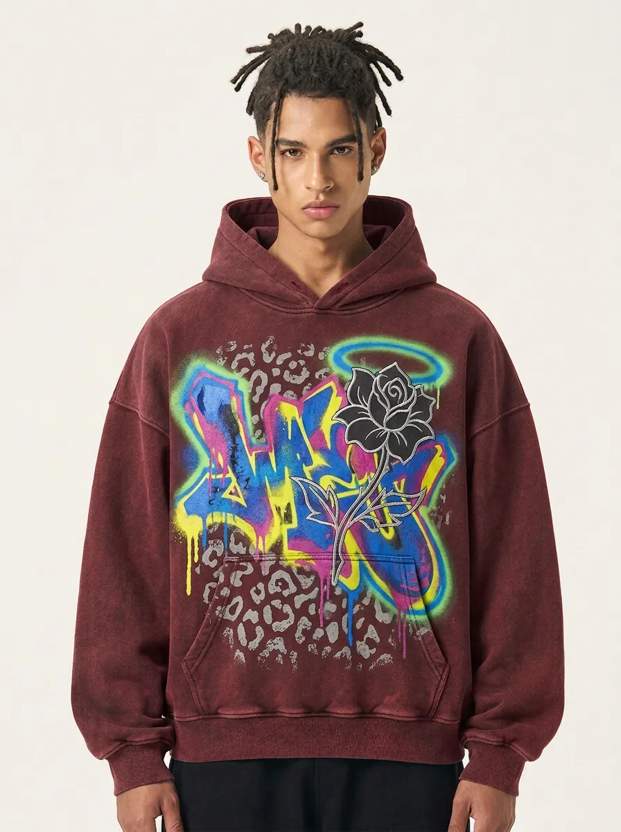 Unisex Streetwear Graffiti Rose Leopard Pattern Mix Hoodie