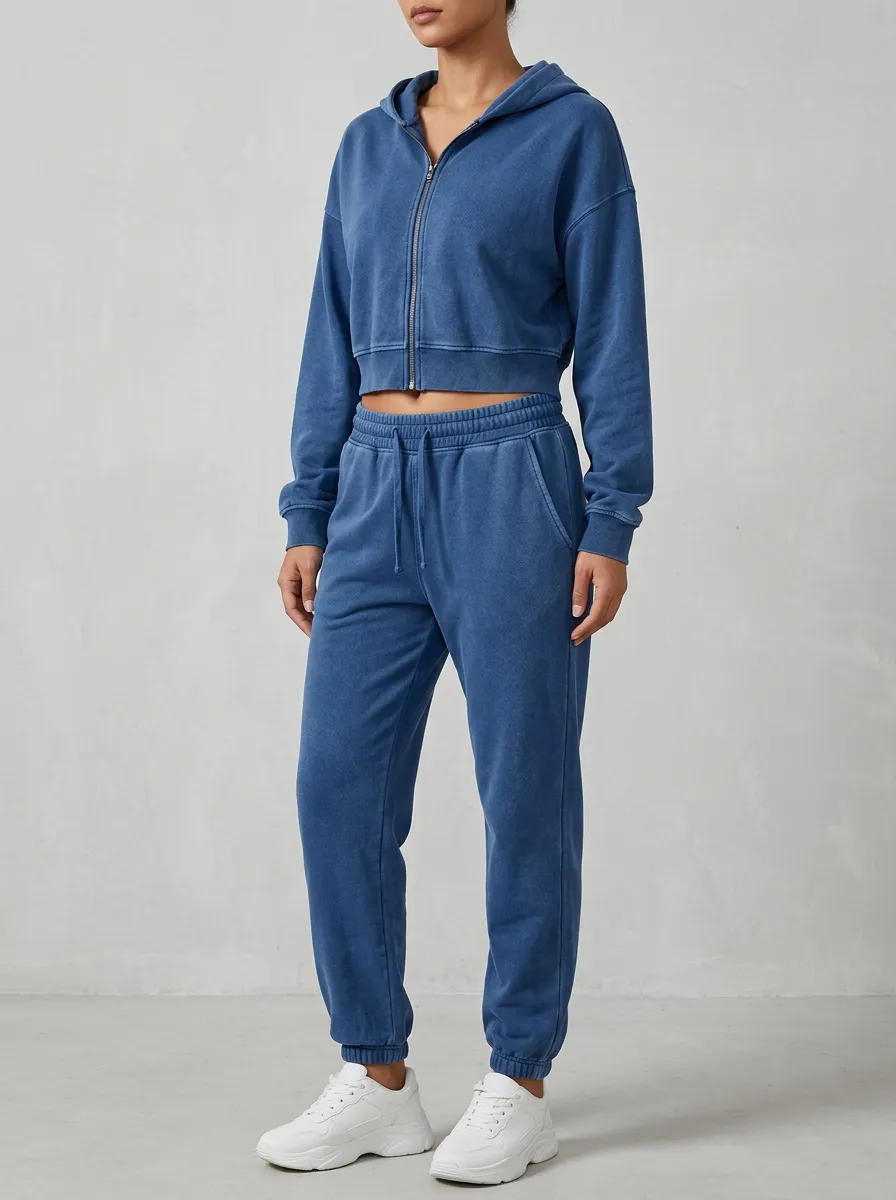 Zip-Up Vintage-Wash Women's Cropped Zip-Up Hoodie Jogger Active Set