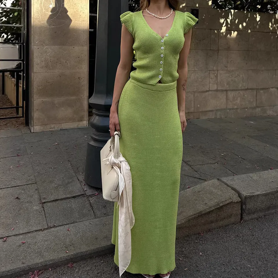 Structured Summer V-Neck Knit Skirt Set With Cap Sleeve Top And Long Skirt