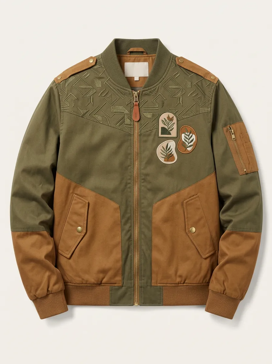 Men's Botanical Nature Lover Embroidered Patch Printed Bomber Jacket