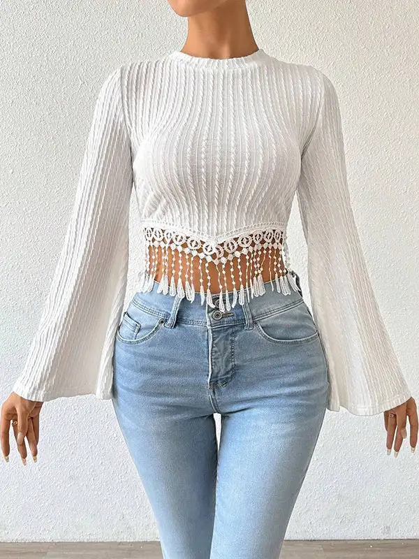 Flared Sleeve Long Sleeve Panel Detail Tasseled Round Neck T-Shirt