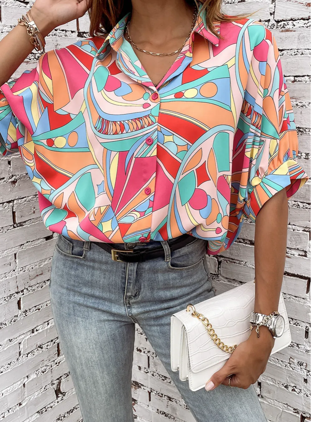 Abstract Print Puff Sleeve Relaxed Fit Shirt Blouse