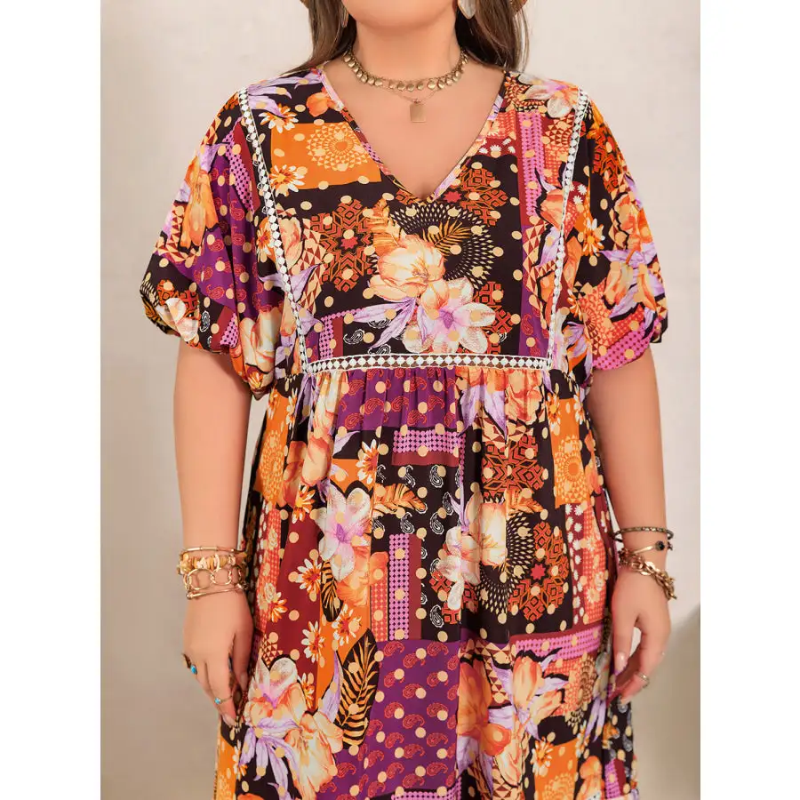Classic Plus Size Printed V Neck Half Sleeve Maxi Dress