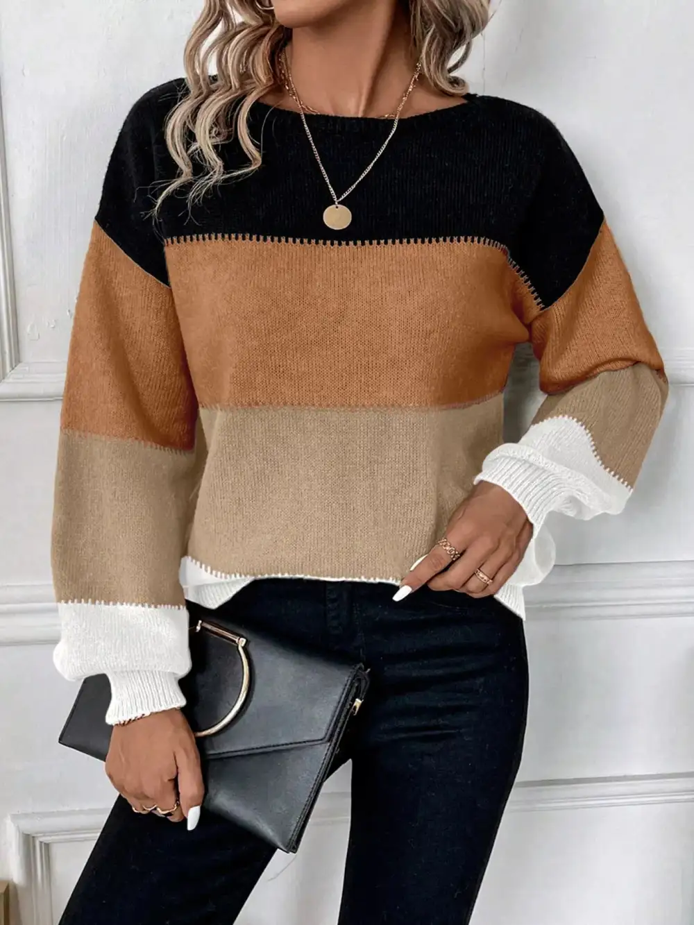 Color Block Round Neck Knit Sweater