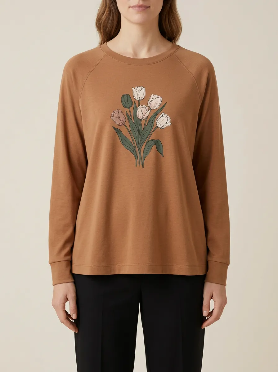 Women's Tulip Floral Graphic Raglan Long-Sleeve Top