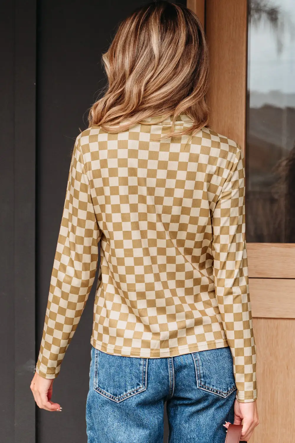 Women's Checkered Ribbed Turtleneck T-Shirt