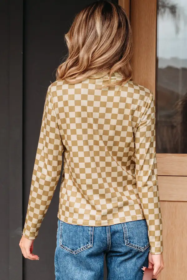 Women's Checkered Ribbed Turtleneck T-Shirt