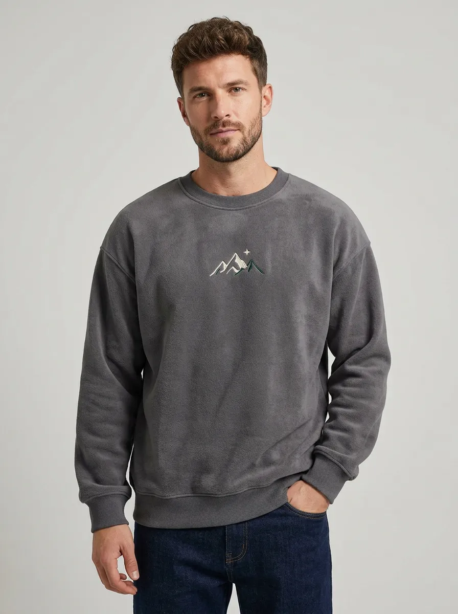 Men's Charcoal Grey Outdoor Mountain Star Embroidered Fleece Sweatshirt