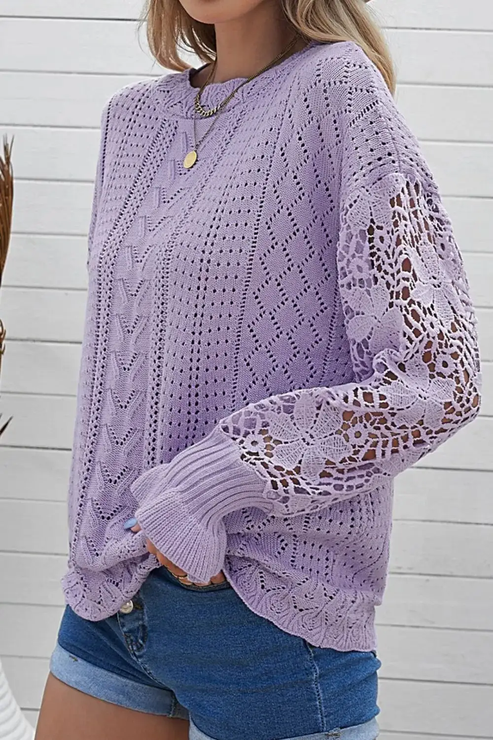 Long Sleeve Round Neck Openwork Sweater