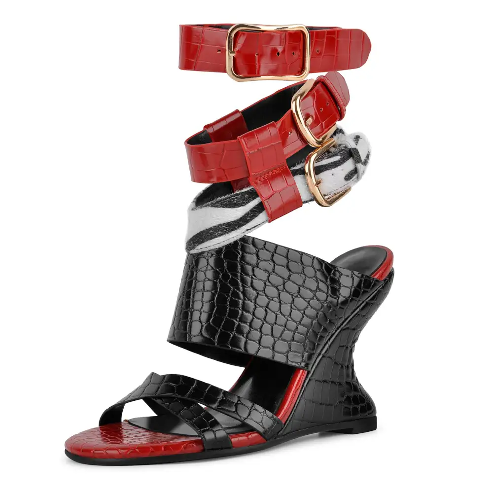 Stone Buckle Strap Wedge Heel Sandals