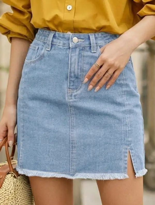 Denim Washed Slit Hem Mini Skirt