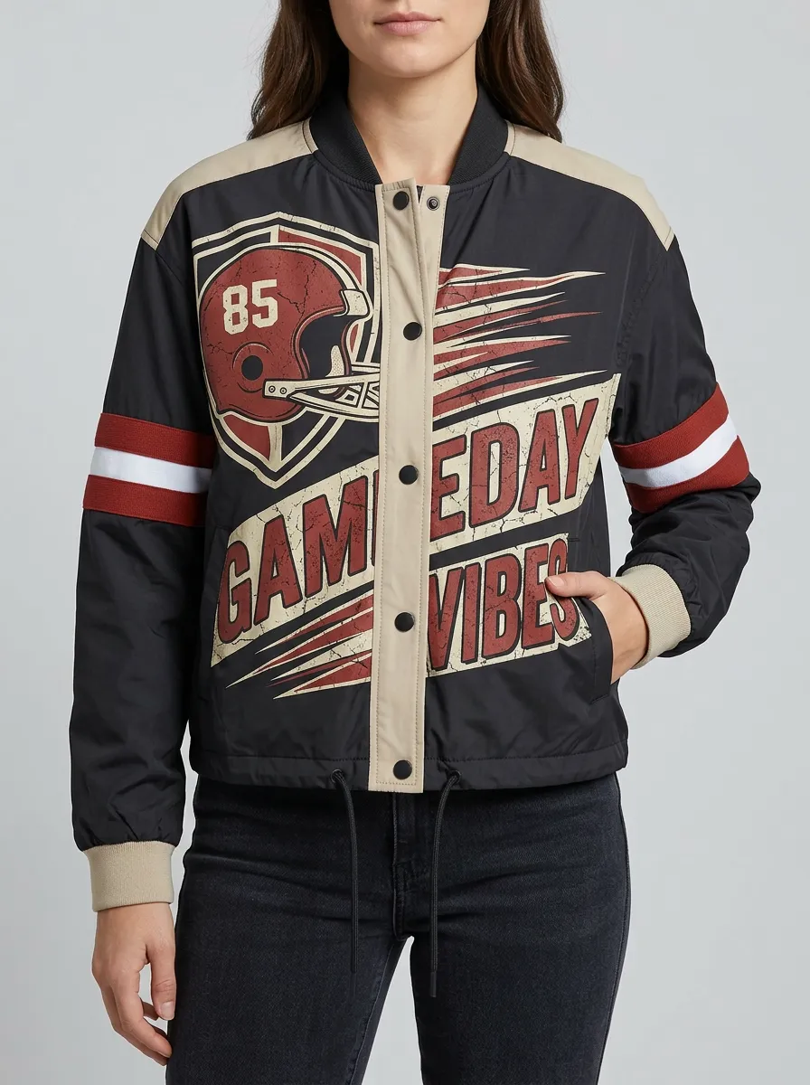 Women's Football Fan Gameday Vibes Helmet 85 Printed Bomber Jacket